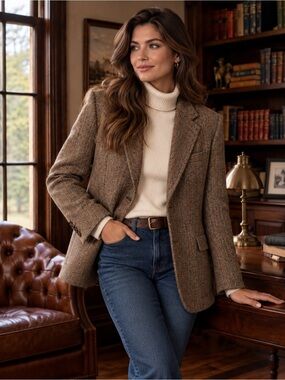 Vintage Harris Tweed Brown Herringbone Wool Blazer Sport Coat Made in Scotland